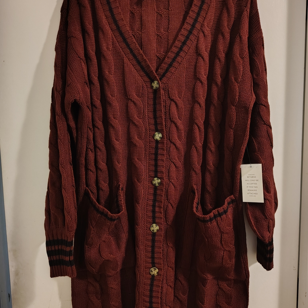 Rust Cable Knit Cardigan with Pockets
